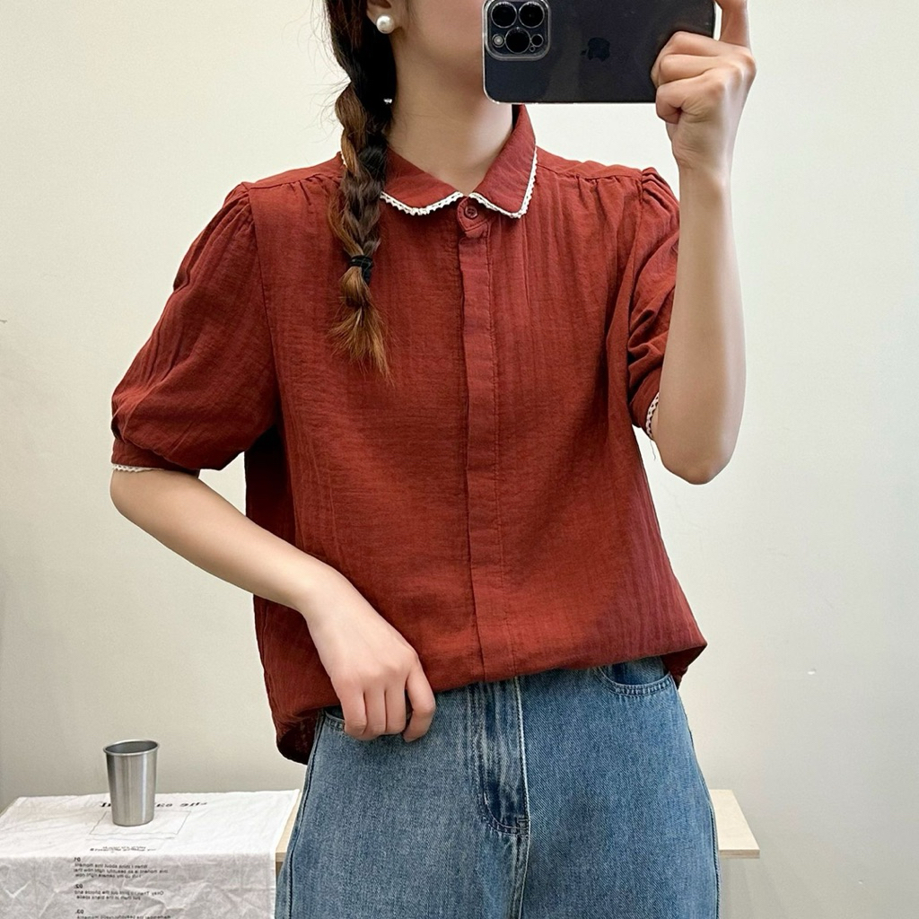 เสื้อเชิ้ตแขนสั้น กระดุมซ่อน-แขนจั๊ม M L XL ผ้าสาลู 2 ชั้น เสื้อทำงานผู้หญิง สีแดง สไตล์ญี่ปุ่นเกาหลี HerbieStyle