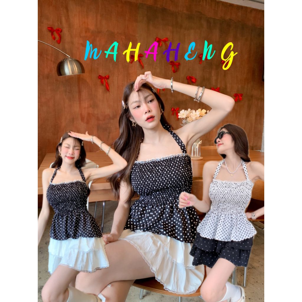 💰MahahengCloset💰เสื้อครอปลายจุด ผูกคล้องคอ หวานกรุบ ผ้าไหมอิตาลีใส่แล้วใจละลาย💕