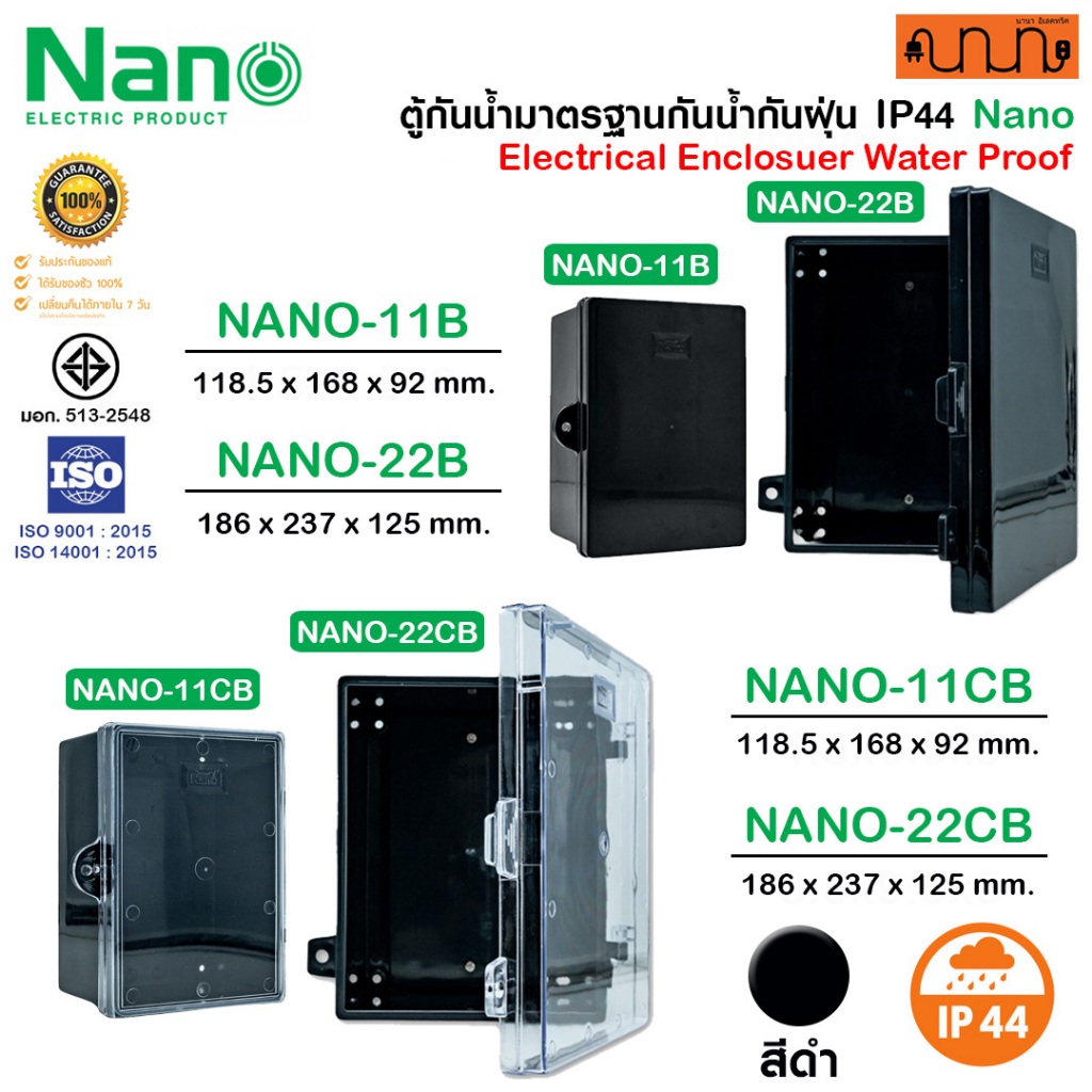 ตู้กันน้ำ Nano แท้ % มาตรฐานกันน้ำกันฝุ่น IP44  สีดำ Nano-11B , Nano-22B ฝาทึบ, ฝาใส – โปรปัง