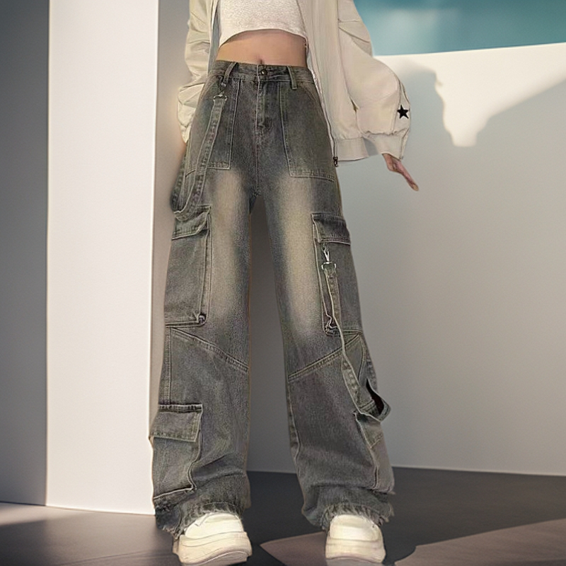 Loma Wear-Vintage Cargo Jeans ขากว้างหลวมๆ ฮิปฮอปสไตล์ High Waist กางเกงแฟชั่นสาวพลัสไซส์