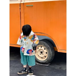 AY093 ชุดคู่แฟชั่นเด็ก พี่ชาย-น้องสาว เสื้อเชิ้ต+เดรส ลายเพ้นท์การ์ตูน สีสันสดใส ผ้านิ่ม ระบายอากาศดี