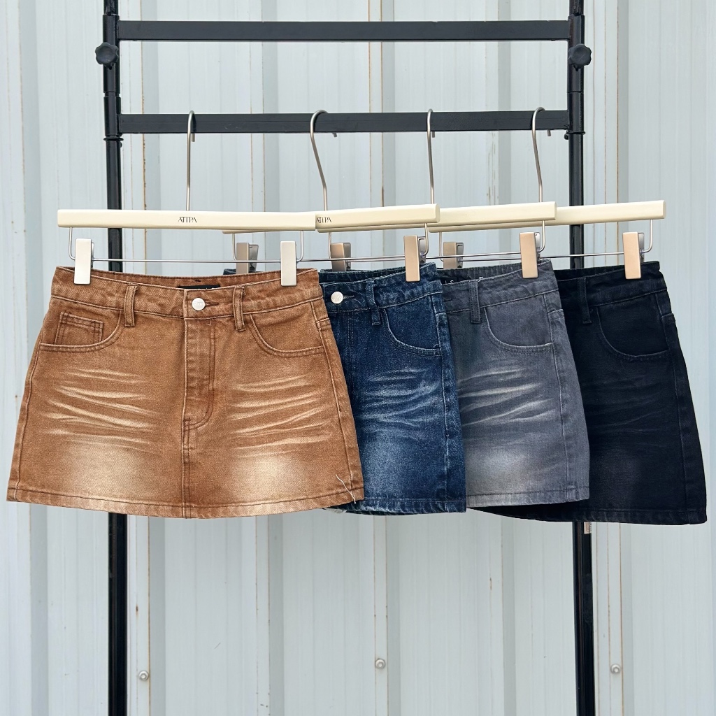 OLWEN DENIM SKIRT กางโปรงยีนส์ สั้น ผ้าฟอก เอวต่ำ