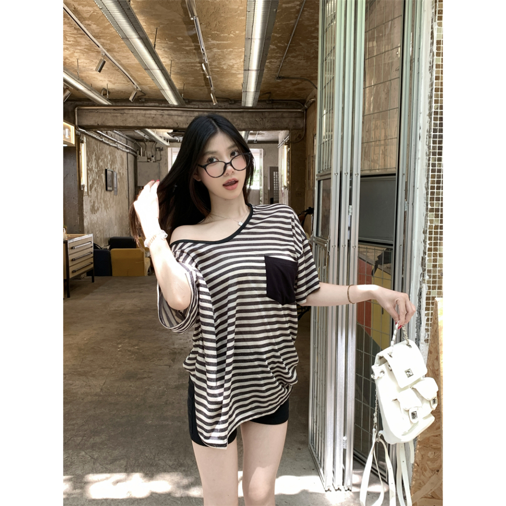 เสื้อกันเเดดเเขนยาว เสื้อยืดลายริ้ว งานเกาหลี ออเวอร์ไซส์ ใส่ได้ทุกหุ่น #1502368