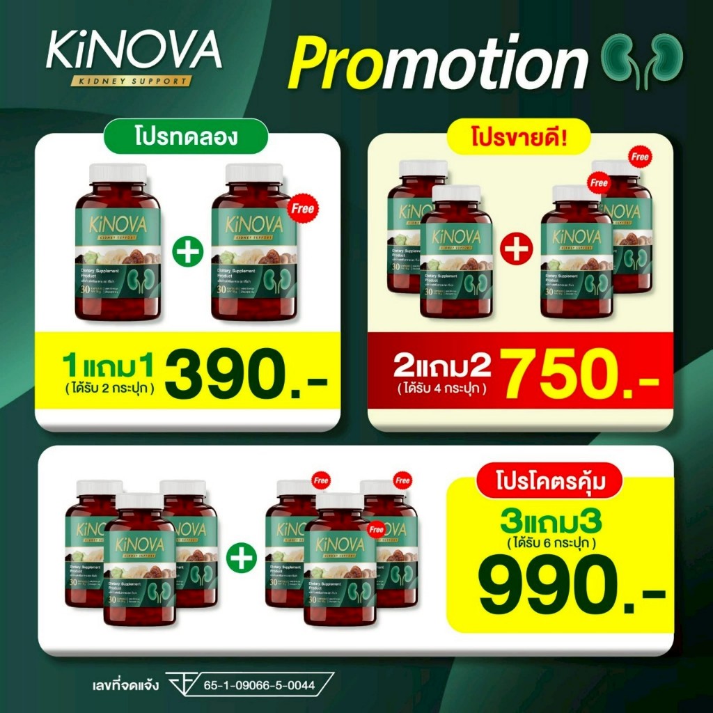 โปร 3 แถม 3 Kinova ( 180แคปซูล ) วิตามินบำรุงไต Kinova ไม่ อยาก บวม ไม่ อยาก ฟอก ดูแล ไต ตั้ง แต่ วั