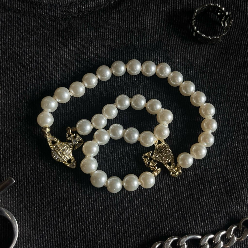 ✨พร้อมส่ง✨ ข้อมือเส้นคู่ ไข่มุก Pearl Elegant แนวสตรีท Saturn Galaxy Jewery 🖤💫