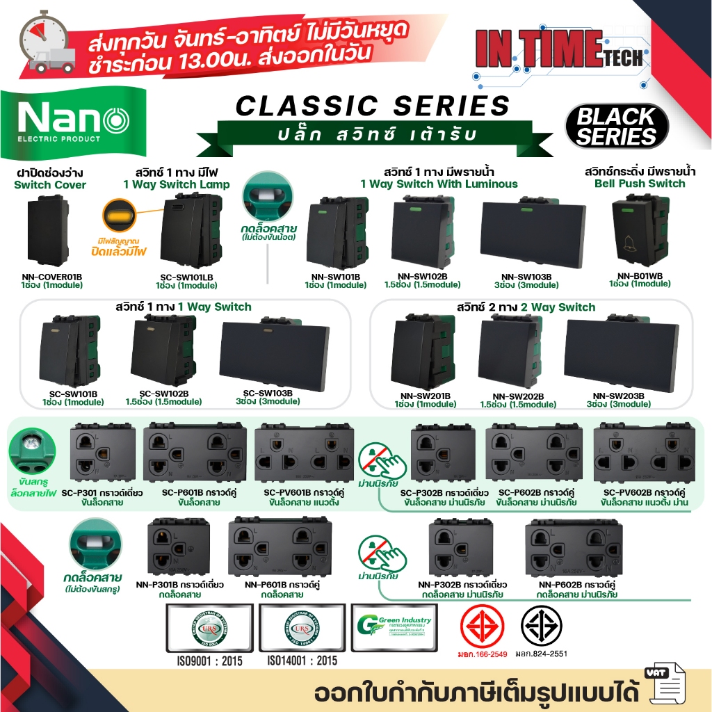 NANO สวิทช์ ปลั๊ก สำหรับประกอบชุดไฟฟ้า สีดำ รุ่นใหม่ เต้ารับ กราวด์เดี่ยว กราวด์คู่ Classic Black Series