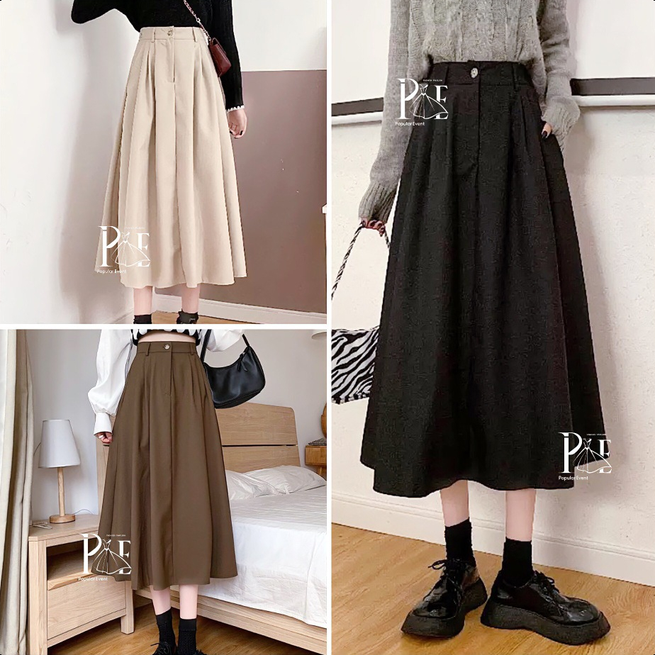 พร้อมส่ง กระโปรงยาว ลูกฟูก เอวสม็อคหลัง เนื้อผ้านุ่มนิ่ม ใส่สบาย แมทซ์ลุคง่าย รุ่นกระดุมหน้า ทรงบาน สไตล์เกาหลี