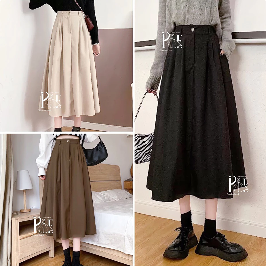 พร้อมส่ง กระโปรงยาว ลูกฟูก เอวสม็อคหลัง เนื้อผ้านุ่มนิ่ม ใส่สบาย แมทซ์ลุคง่าย รุ่นกระดุมหน้า ทรงบาน สไตล์เกาหลี