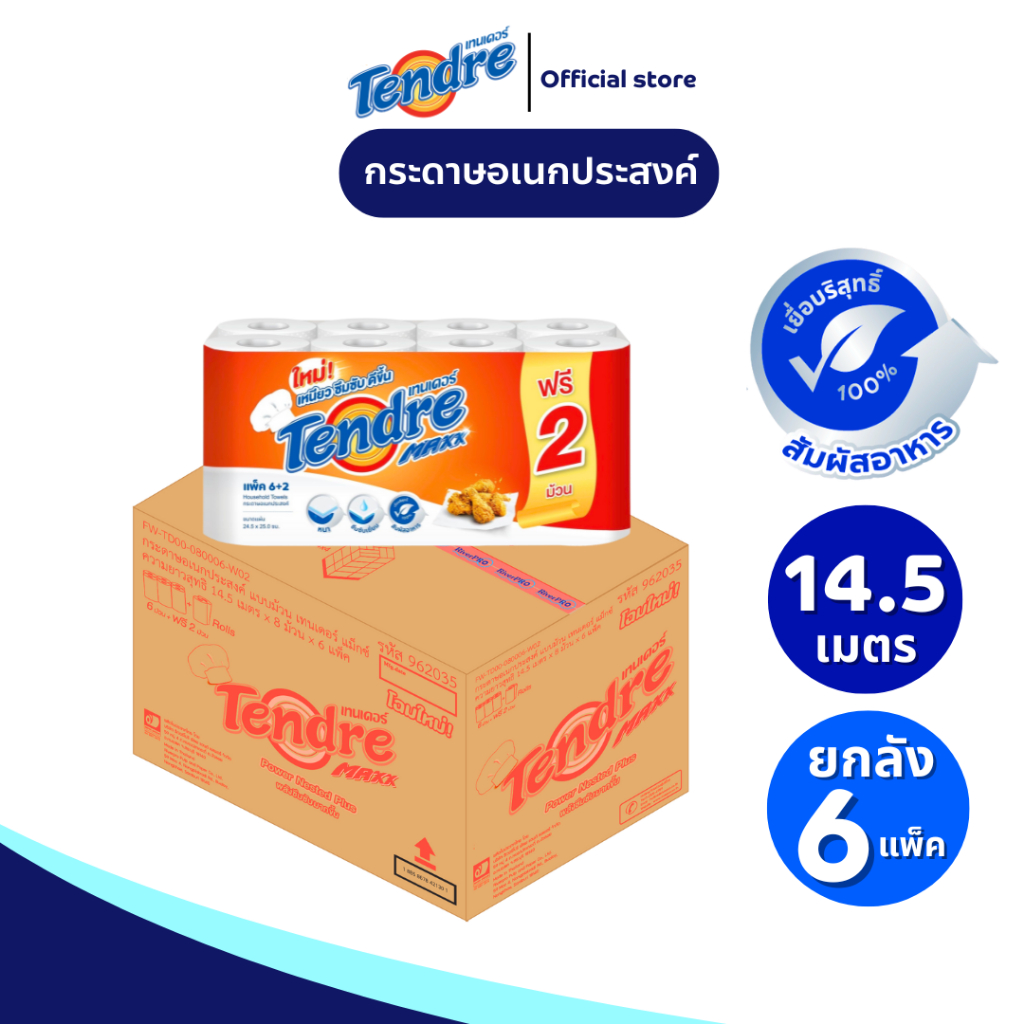 (ยกลัง 6 แพ็ค) เทนเดอร์ กระดาษอเนกประสงค์ ยาว 14.5 เมตร แพ็ค 6+2 ม้วน Tendre Household Towels 14.5 m
