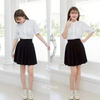 ️กระโปรงพลีทเอวมีขอบ\กระนักศึกษาพลีท(จีบใหญ/จีบทวิส)”ยาว16-18-20”[ผ้านาโน]สีดำ