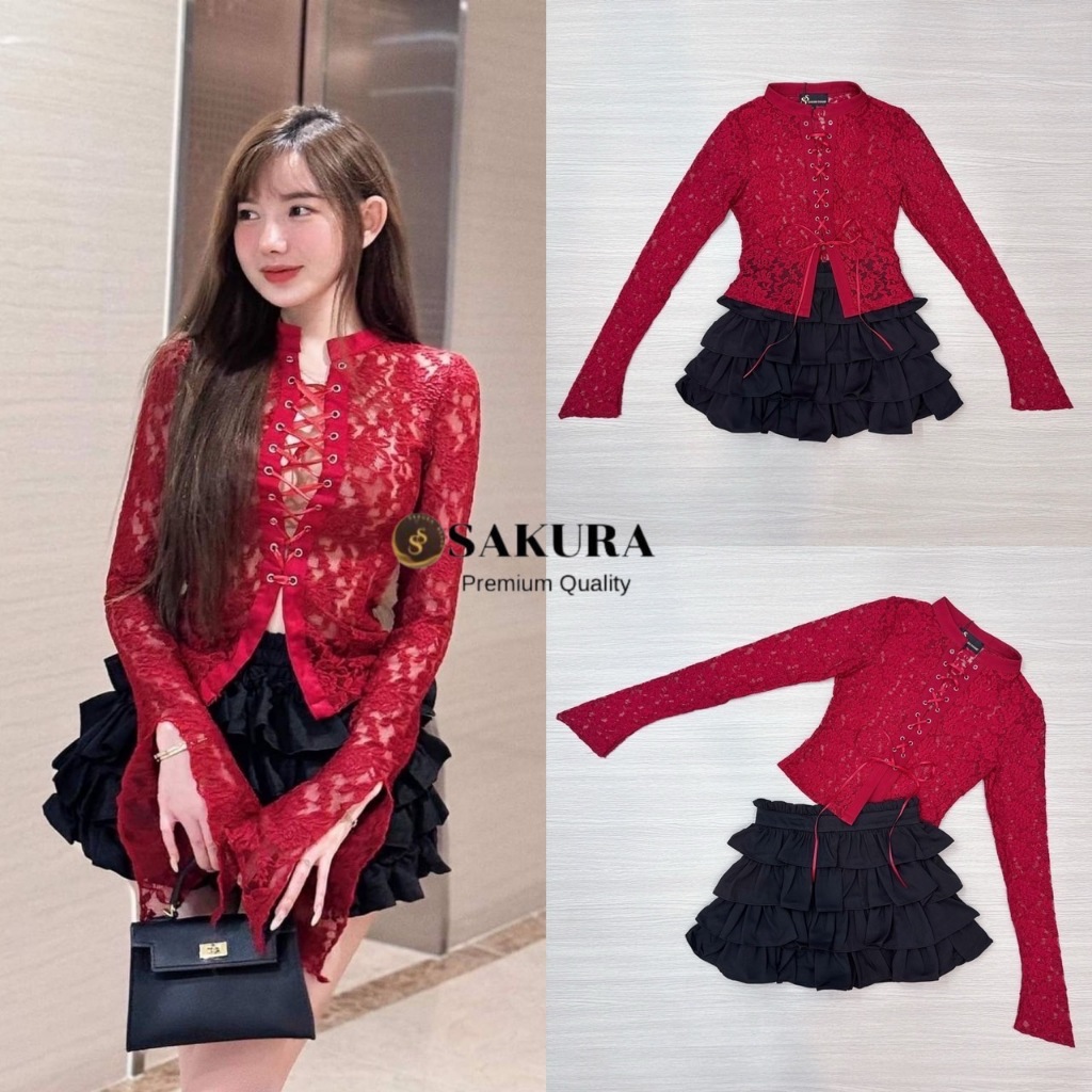 sakurabrand Set เสื้อลูกไม้ซีทรูผ้านิ่ม-- สีแดง(*สอบถามสต๊อกก่อนกดสั่งน๊า)