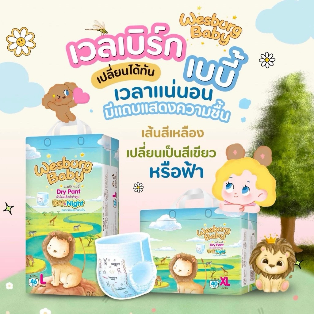 Wesburg เวสเบิร์ค ผ้าอ้อมเด็ก  แบบเทปแบบกางเกง กลางวัน-กลางคืน S-XXL
