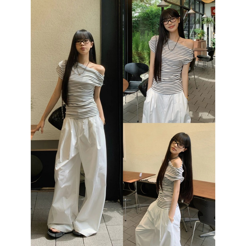 เสื้อยืดผู้หญิง เสื้อยืดลายทาง ผ้าฝ้ายใส่สบาย ใส่เเล้วดูผอม หลายไซส์ให้เลือก #1502358