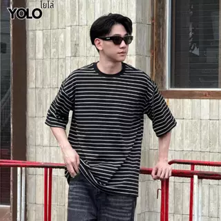 CAZAMAN เสื้อยืด Oversized ลายทาง เสื้อคอนตอน คมกลม คอฟิต 2343
