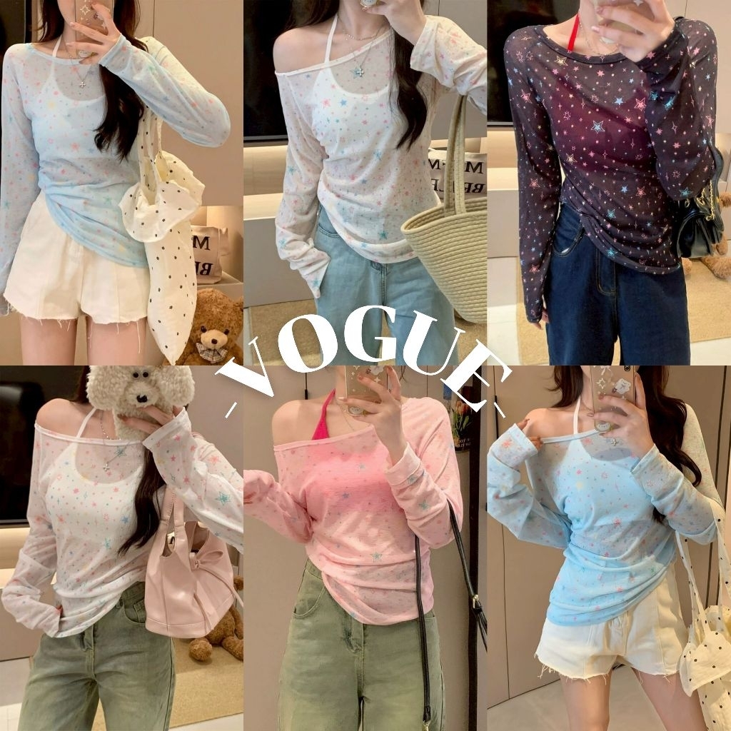 Vogue🌟พร้อมส่ง🌟 เสื้อยืดซีทรู แขนยาว คอกลม ลายดาวสีสดใส ใส่ง่าย (FY3616)