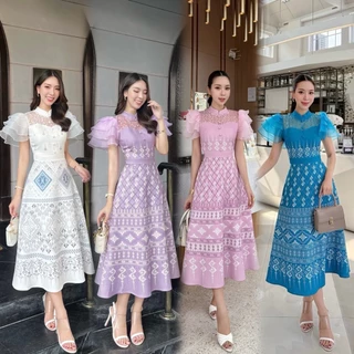 S-XXL ชุดเดรสพิมพ์ลายไทยสีขาว,ชมพู,ครีม,ม่วง,ฟ้า,น้ำเงิน,กรม,เขียว กระโปรงทรงเอบาน #Abigail