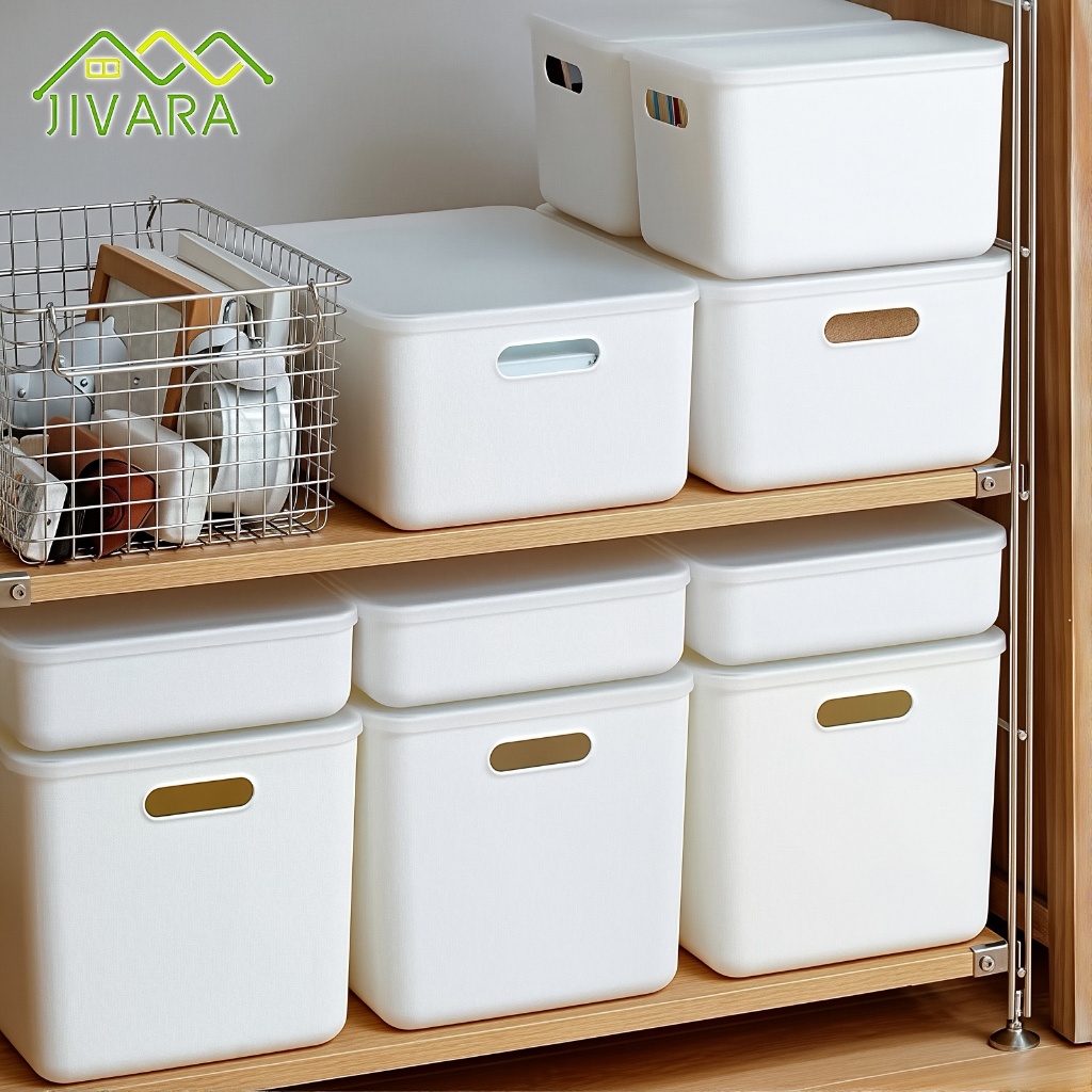 JIVARA กล่องเก็บของ กล่องพลาสติกเก็บของ พร้อมฝาปิด เก็บเครื่องสําอางค์ ที่เก็บของในครัว จัดระเบียบคร