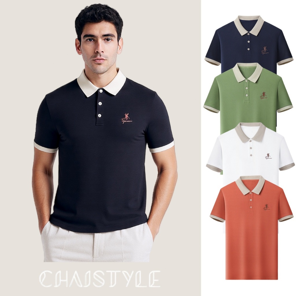Chaistyle - เสื้อผู้ชาย วินเทจ polo เย็บปักถักร้อย เสื้อคอปก สีต่อ ระดับไฮเอนด์ ธุรกิจ