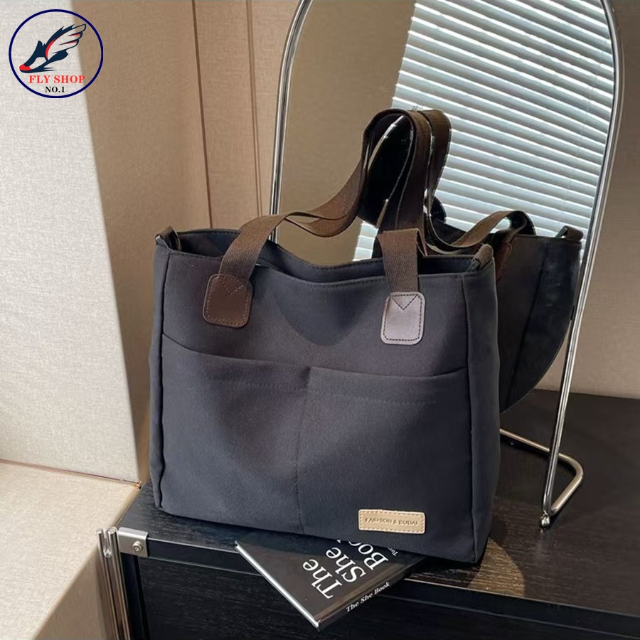 FLY-New กระเป๋าผ้าแคนวาสสะพายข้างผู้หญิง ทรงแมสเซนเจอร์ มีซิป 3 สี
