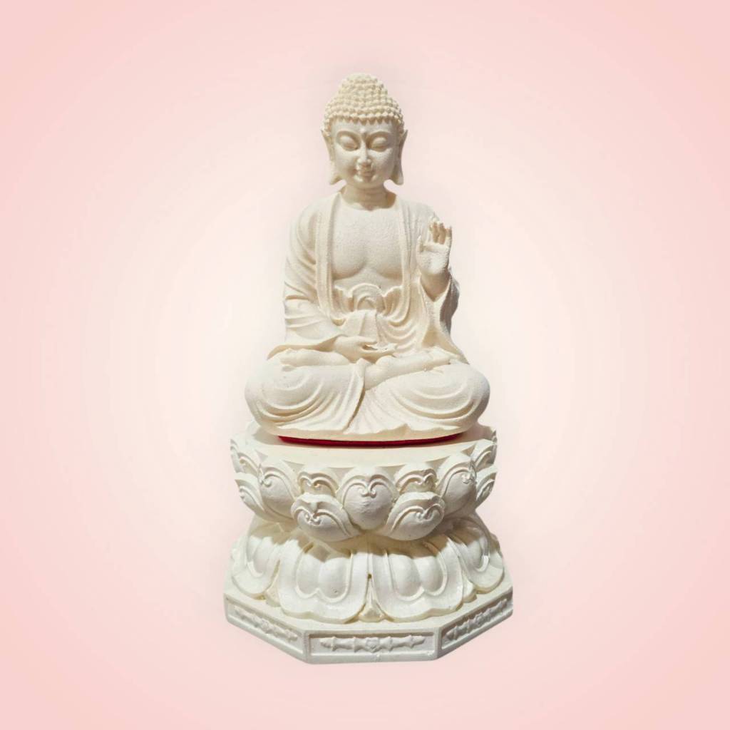 พระพุทธรูปปางพระทานพร นั่งประทับฐานดอกบัว เนื้อเรซิ่น สีขาวงาช้าง ขนาด 3x5 นิ้ว [พระนั่งประทานพร+ฐาน