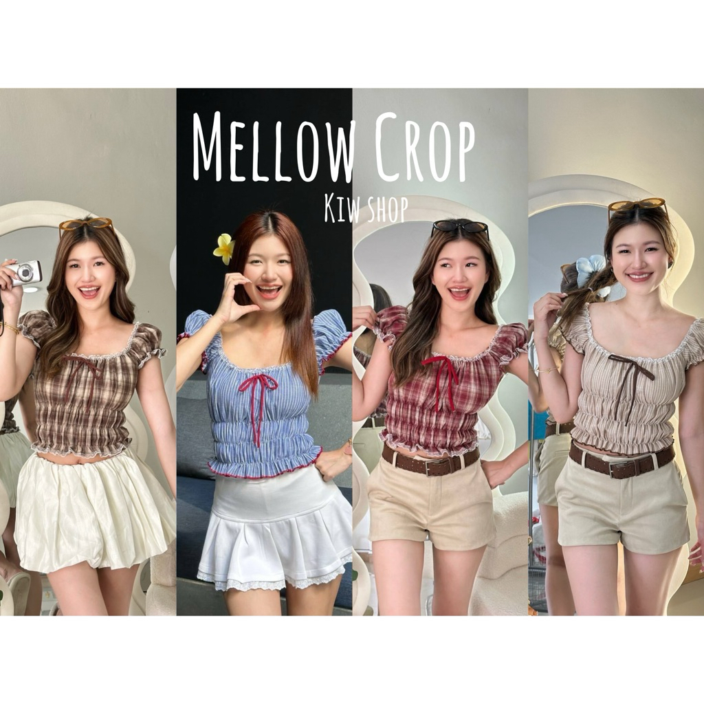 เสื้อ mellow crop แขนตุ๊กตาแต่งลูกไม้น่ารัก มีผูกโบว์ด้านหน้า