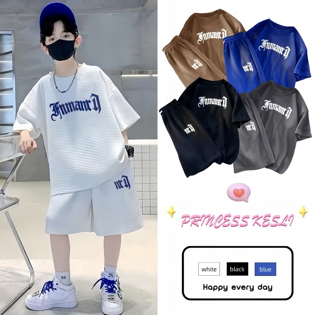 PRINCESS KESLI 2ชิ้น ชุดเซ็ทเด็กชายแฟชั่น ชุดเสื้อยืดกางเกงขาสั้น ลําลอง พิมพ์ลายตัวอักษร ทรงหลวม สไตล์เกาหลี 2-14 ปี