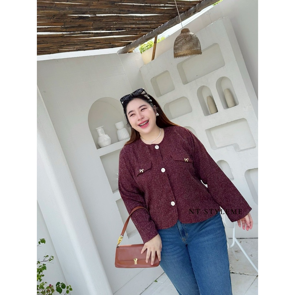 เสื้อแขนยาวผ้าทวิต แต่งกระเป๋าคอลเลคชั่นน่ารัก สาวอวบอก50“ รุ่นB32