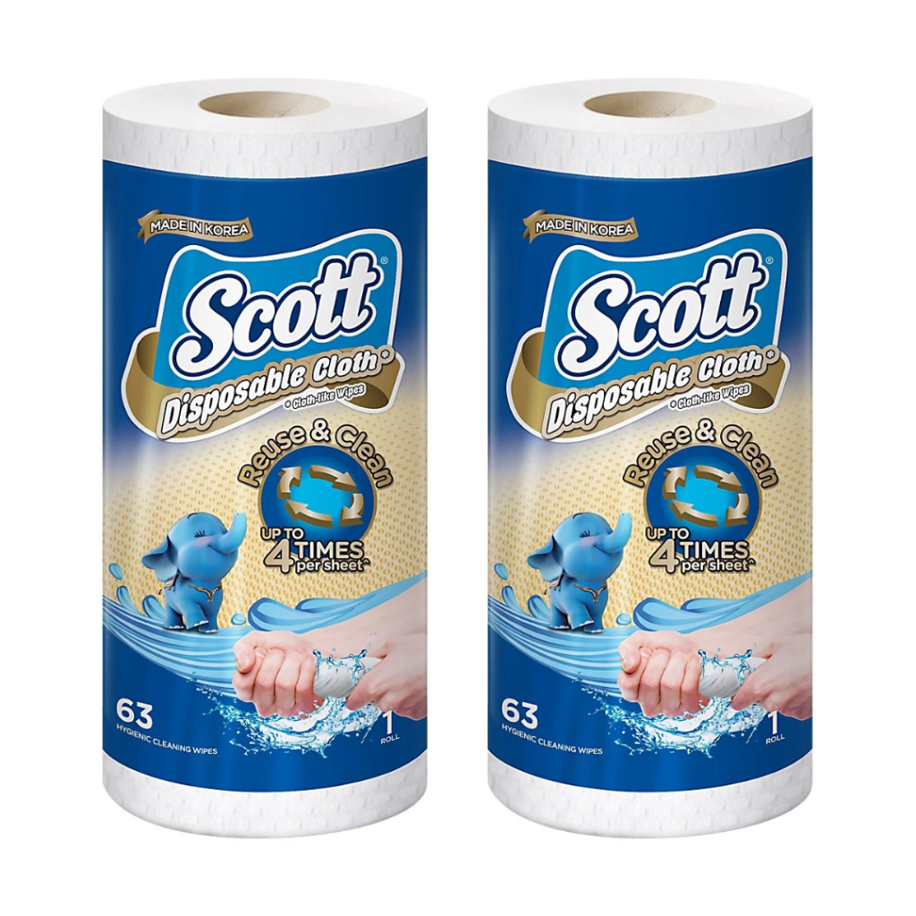 Scott Disposable Cloth สก๊อตต์ กระดาษอเนกประสงค์เสมือนผ้า แบบซักใช้ซ้ำได้ 63 แผ่น x 2 ม้วน