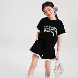 ชุดสูทเด็กผู้หญิง น่ารัก เสื้อยืดคอกลม พิมพ์ลายตัวอักษร กางเกงขาสั้นขากว้าง สไตล์เกาหลี 2-12 ปี