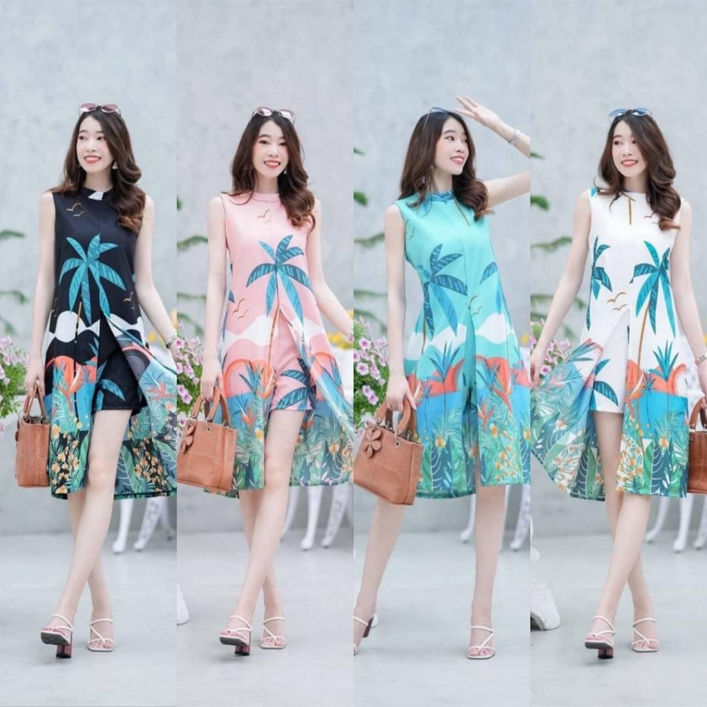 งานเซต ลายมะพร้าว แขนกุด ขาสั้น ใส่เที่ยวทะล ใส่หน้าร้อน มีอก 36/40 นิ้ว สาวอวบใส่ได้ พร้อมส่ง