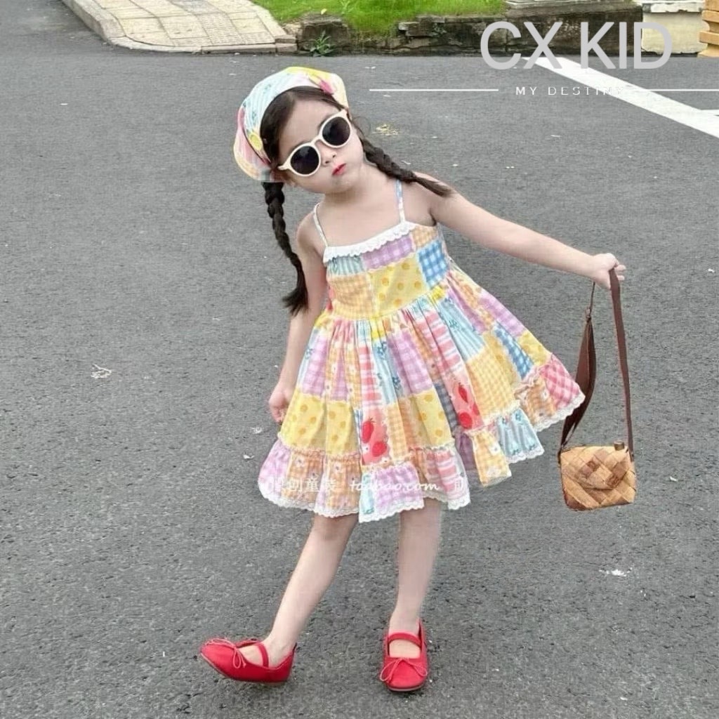 MC096  มาใหม่พร้อมส่งชุดเดรสกระโปรงลูกสาวแต่งดีเทลลูกไม้ ใส่ซัมเมอร์ สวย สดใส (ไม่มีหมวก)
