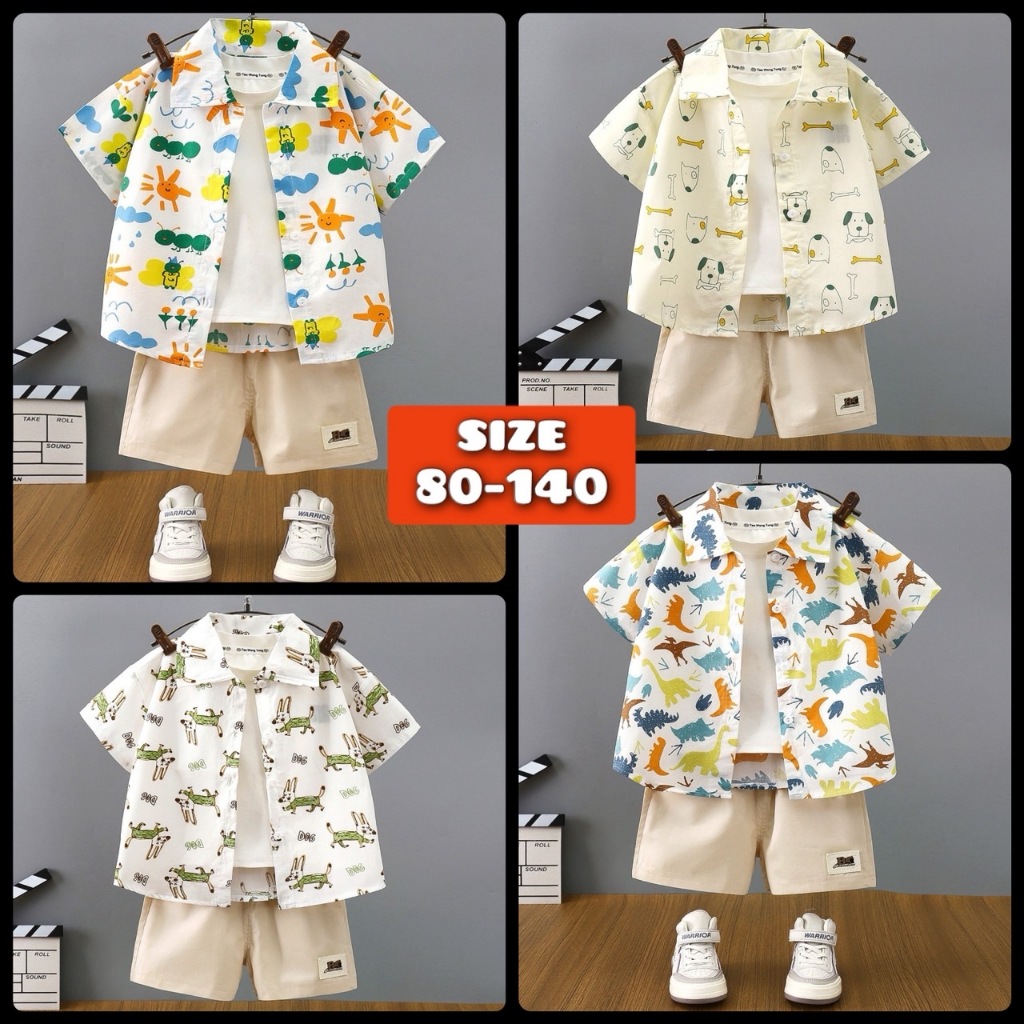 เสื้อคอปกแขนสั้น + กางเกงขาสั้นเด็กผู้ชาย ผ้า COTTON 100% ผ้านิ่มใส่สบาย ไซส์ 80-140