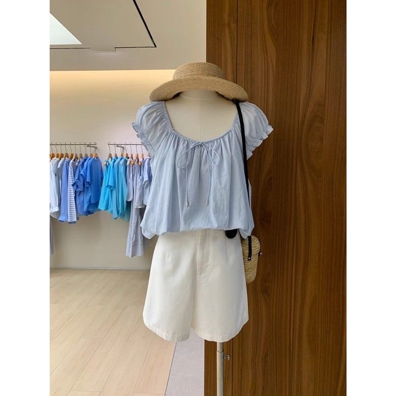 LUNA~เวอร์ชั่นเกาหลี ปลอกคอสแควร์ ผูกขึ้น แขนสั้น เสื้อเชิ้ต สไตล์ใหม่ สไตล์หวาน - รูปที่ 5
