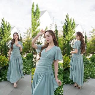 ชุดเดรส ชุดออกงาน ชุดราตรี FP064 เกรดพรีเมี่ยม ชุดชีฟอง แขนสั้นกระโปรงรูด