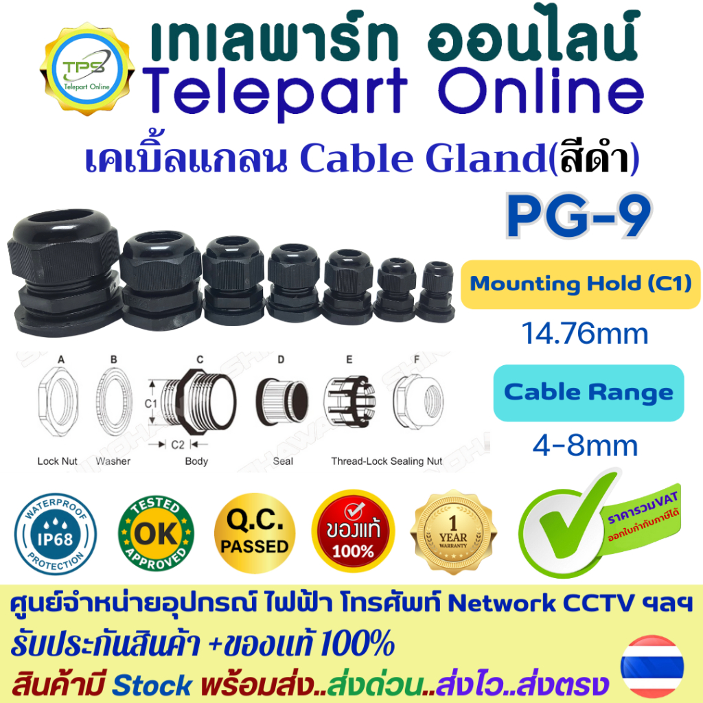 เคเบิ้ลแกลนPG9 สีดำ กันน้ำ IP68 กันฝุ่น Cable Gland ข้อต่อร้อยสายไฟเข้ากล่องควบคุม ตู้ไฟ เกรดไนล่อน PA66 ทนอุณหภูมิสูง