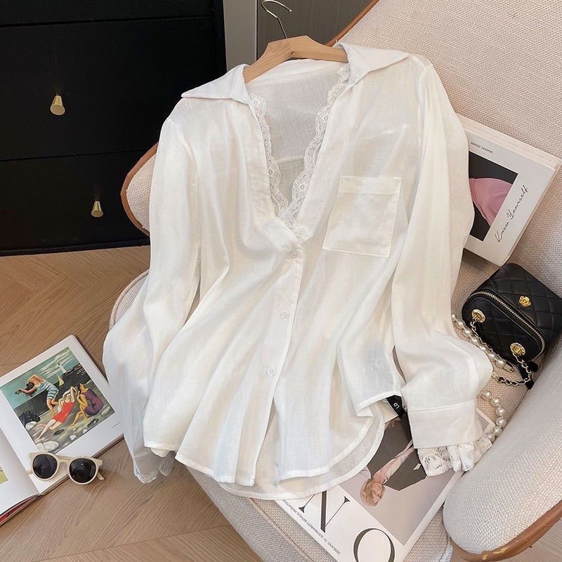[Sheing office]🌟พร้อมส่ง🌟เสื้อเชิ้ตสไตล์เกาหลี ผ้าไหมอิตาลี ใส่สบาย แต่งลูกไม้แขนยาวกระดุมหน้า