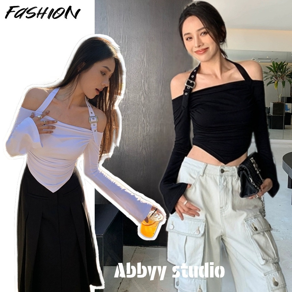 Abbyy🦄พร้อมส่ง🦄เสื้อครอปแขนยาวคล้องคอ เสื้อเซ็กซี่ผู้หญิง สีพื้น Y2K เสื้อเอวลอยทรงรัดรูป สไตล์สวาเกาหลีเกาหลี