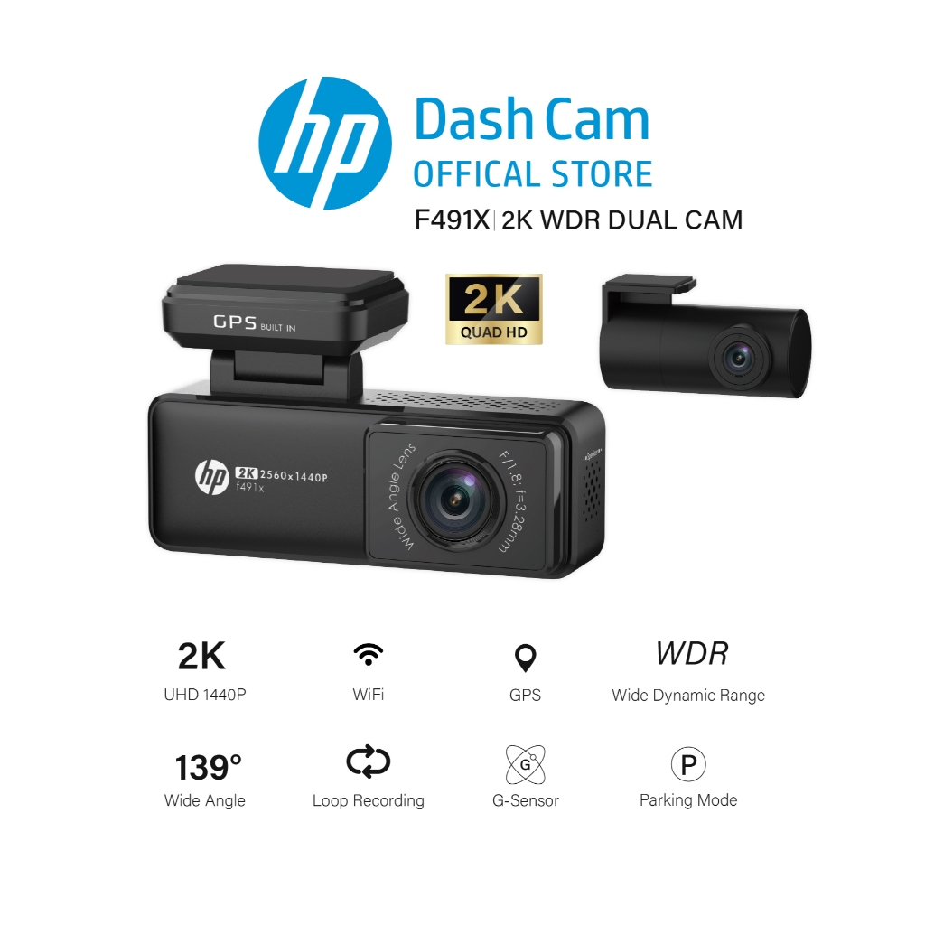 HP Dashcam F491X 2K + กล้องติดรถยนต์หน้า-หลัง Sensor WiFi +  GPS มุมกว้าง 139 ° รับประกันศูนย์ไทย2ปี