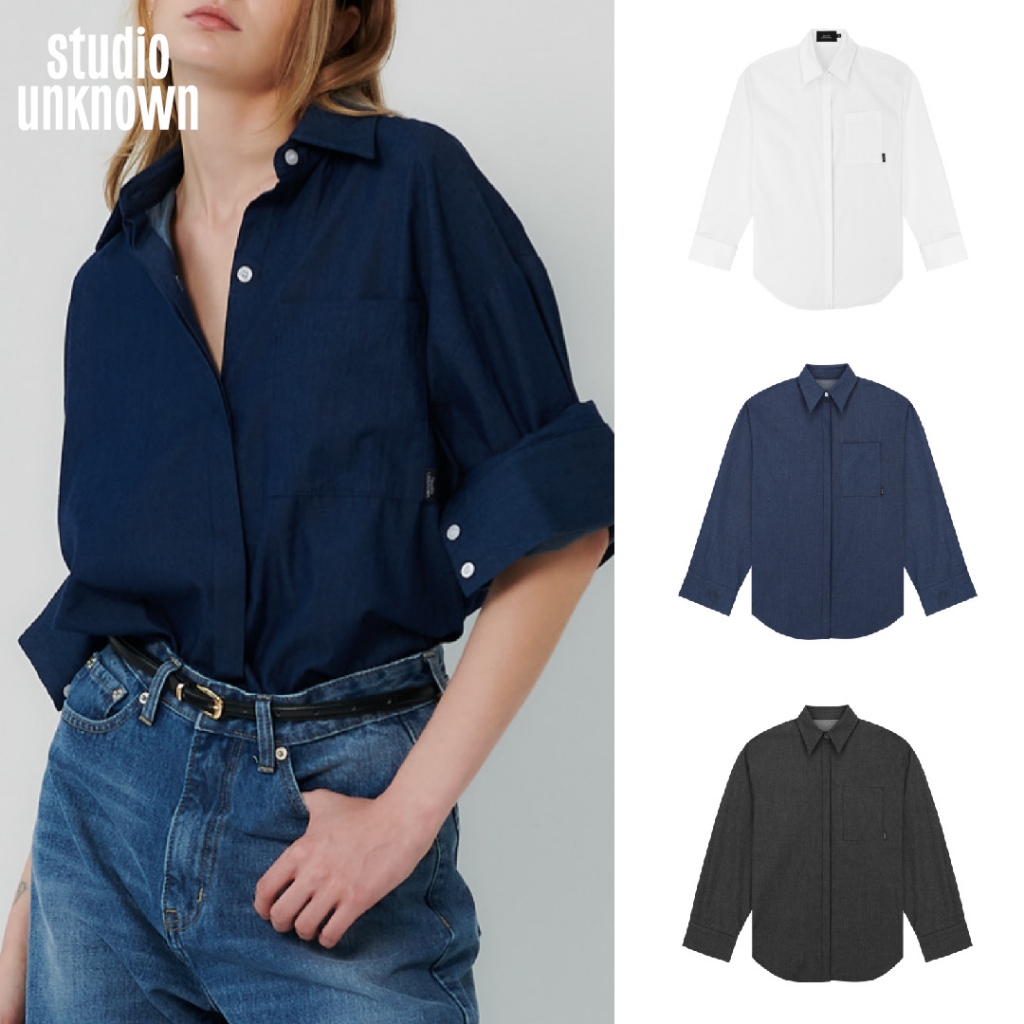 STUDIO UNKNOWN - Jaden Oversized Shirt เชิ้ตโอเวอร์ไซส์แต่งลาเบล โลโก้ข้างกระเป๋า