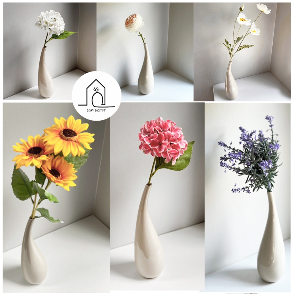 ชุดแจกันเซรามิก ทรงโค้งสีครีม พร้อมดอกไม้ ตกแต่งบ้าน | Flower Vase - Cozy Homey