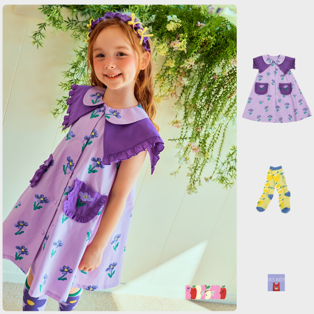 【พร้อมส่ง จำนวนจำกัด】Iris kids SS Purple lilly dress ชุดเดรสเด็กผู้หญิง ลายดอกลิลลี่ สไตล์เจ้าหญิง แขนตุ๊กตา IKD240506