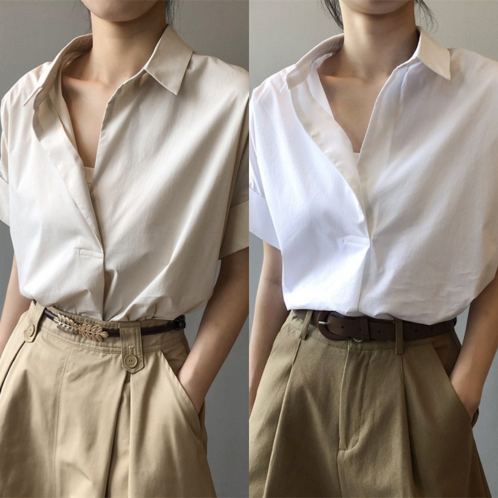 เสื้อเชิ้ตผู้หญิงแขนสั้น ปกเชิ้ต คอวี ทรงหลวม ลุคไฮเอนด์ เหมาะกับใส่ไปทำงาน