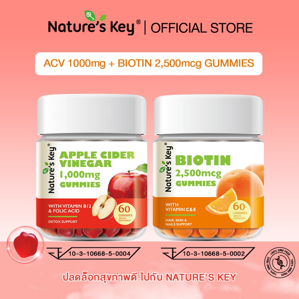 [Live Exclusive] Nature's Key Apple Cider Vinegar Gummies + Biotin Gummies เซ็ตกัมมี่ดูแลรูปร่าง ผม 