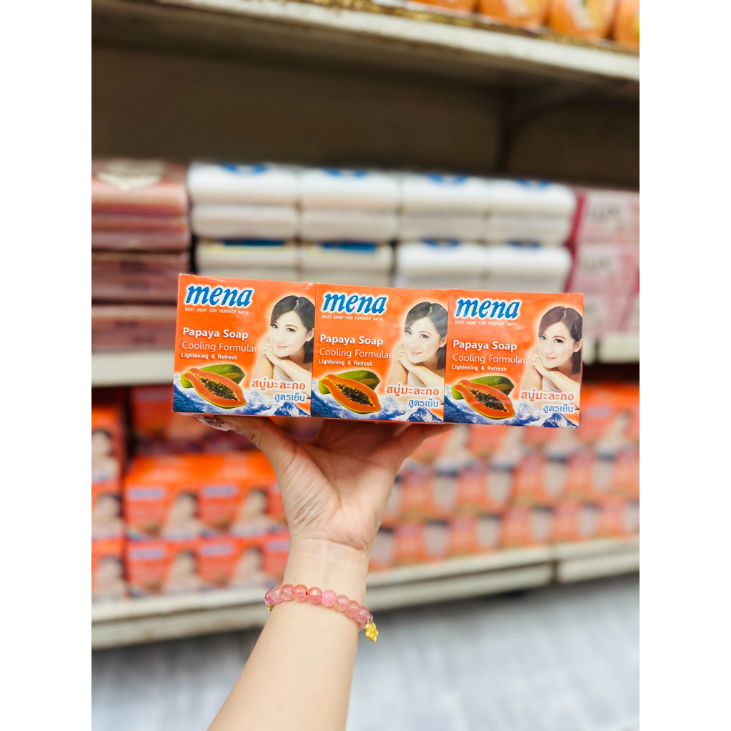 (ยกแพ็ค 6 ก้อน) 🧼 สบู่มีนา Mena Papaya Lemon Soap สูตรเย็น แอนตี้แบคทีเรีย