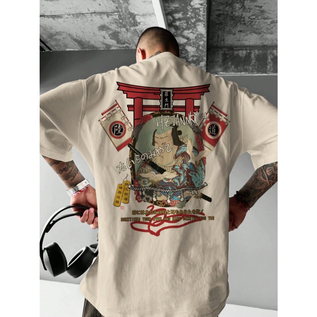 1412 Free size เสื้อยืดโอเวอร์ สีแอปริคอท ไซส์แนวสตรีทญี่ปุ่น ลายซามูไร(samurai)