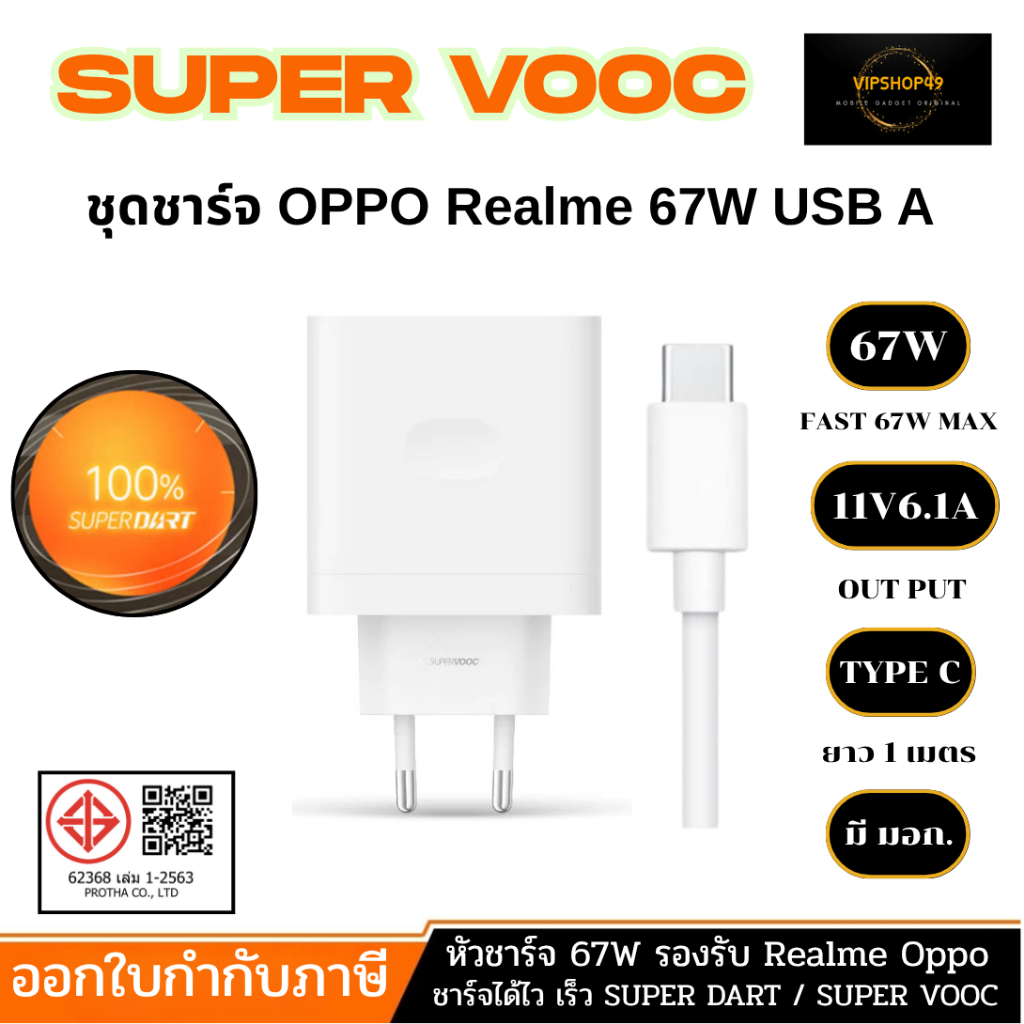 ชุดชาร์จ REALME 67W Super Fast Charger USB A ชาร์จไว SuperVOOC EU Plug Reno 10 Reno 8T A98