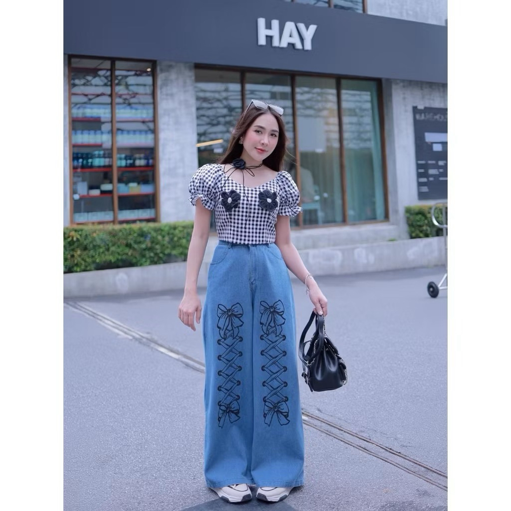 #ValleyGirlมือ1ร้านคุณแพรใส่เซต2ชิ้นเสื้อลายสก๊อตแขนตุ๊กตา+กางเกงยีนส์ขายาวsize,S32/26/36ยาว41