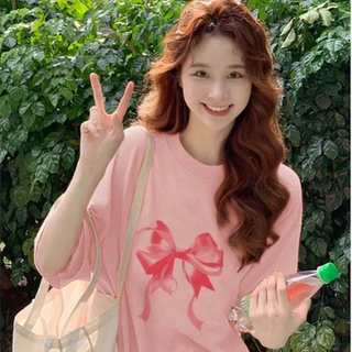 🎀shopmkl🎀เสื้อยืดแขนสั้น เสื้อยืดลายพิมพ์โบว์สีชมพู เแฟชั่นสไตล์เกาหลี มี6สีให้เลือก🎀 #9677