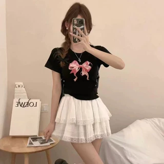 🎀shopmkl🎀เสื้อยืดแขนสั้น เสื้อยืดลายพิมพ์โบว์สีชมพู เแฟชั่นสไตล์เกาหลี มี6สีให้เลือก🎀 #9677