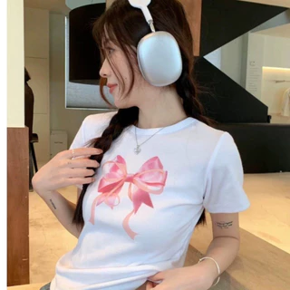 🎀shopmkl🎀เสื้อยืดแขนสั้น เสื้อยืดลายพิมพ์โบว์สีชมพู เแฟชั่นสไตล์เกาหลี มี6สีให้เลือก🎀 #9677